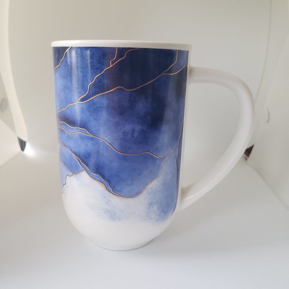 New Abstract Coffee Tea Water Mug Blue Watercolor Print W/ Gold Ceramic 16 oz - Picture 3 of 11